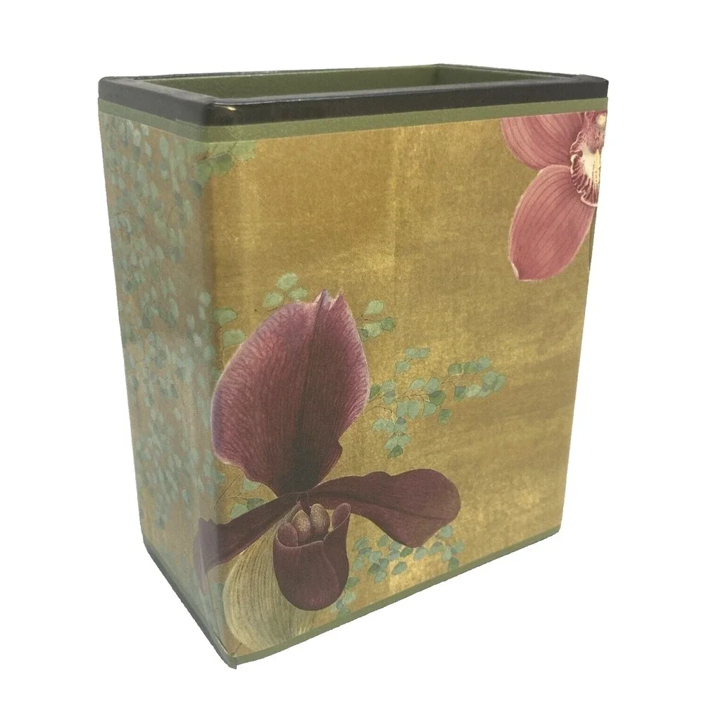 Vintage MCM Wooden Decoupage Pen Holder Iris Flowers 4.25